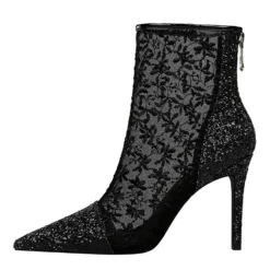 Women Ankle Boots Black Lace Pointed Toe Sequins Stiletto Heel High Heel Booties -UK Winter Shoes Sales 2023 202009151442573731870