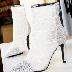 Women Ankle Boots Black Lace Pointed Toe Sequins Stiletto Heel High Heel Booties -UK Winter Shoes Sales 2023 202009151442580315950