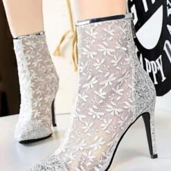 Women Ankle Boots Black Lace Pointed Toe Sequins Stiletto Heel High Heel Booties -UK Winter Shoes Sales 2023 202009151442587137489