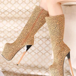 Sexy High Heel Boots Square Toe Zipper Leopard Print Stiletto Heel Street Wear Khaki Thigh Over The Knee Boots -UK Winter Shoes Sales 2023 202009301202140036857