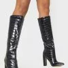 Women Knee High Boots Leather Black Round Toe Stone Patter Chunky Heel Boots -UK Winter Shoes Sales 2023 20201028155427531591