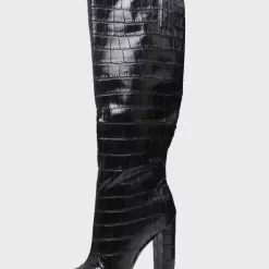 Women Knee High Boots Leather Black Round Toe Stone Patter Chunky Heel Boots -UK Winter Shoes Sales 2023 202010281554280815981