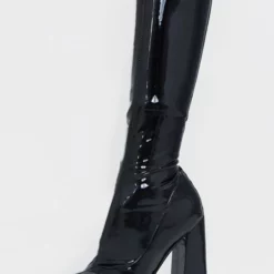 Sexy Over The Knee Boots Square Toe Black Leather Bright Leather Chunky Heel Thigh High Boots -UK Winter Shoes Sales 2023 20201028155454976379