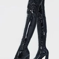 Sexy Over The Knee Boots Square Toe Black Leather Bright Leather Chunky Heel Thigh High Boots