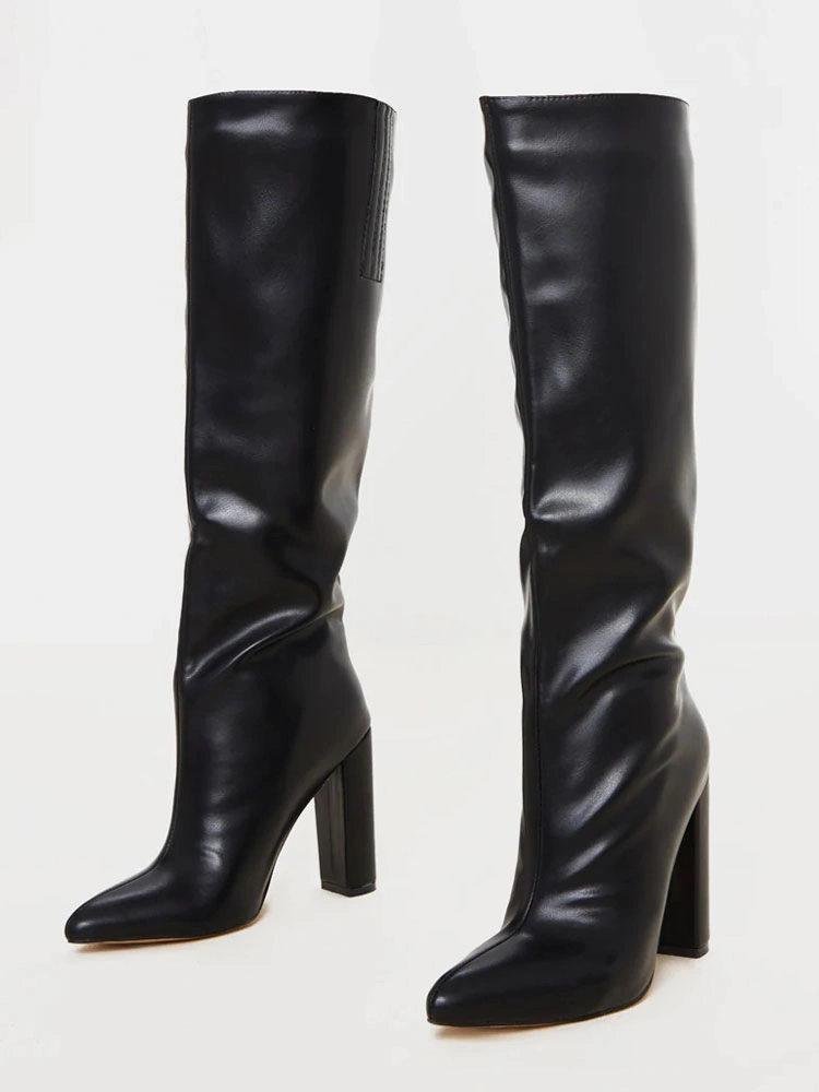 Women Knee High Boots Leather Round Toe Chunky Heel Boots 5 Women Knee High Boots Leather Round Toe Chunky Heel Boots - Image 3