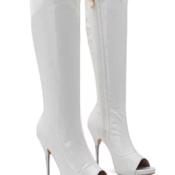 Red Leather Peep Toe Knee-High Boots Zipper Stiletto Bright Leather Heel Knee Length Boots -UK Winter Shoes Sales 2023 202011121444063798893