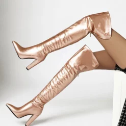 Women's Apricot Thigh High Boots Pointed Toe Chunky Heel Bright Leather Over The Knee Boots