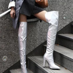 Women's Apricot Thigh High Boots Pointed Toe Chunky Heel Bright Leather Over The Knee Boots -UK Winter Shoes Sales 2023 202011301444472813040