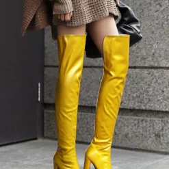 Women's Apricot Thigh High Boots Pointed Toe Chunky Heel Bright Leather Over The Knee Boots -UK Winter Shoes Sales 2023 202011301444479855510