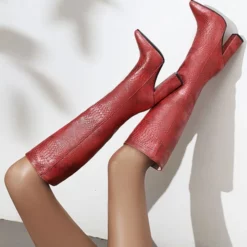 Coffee Brown Knee-High Boots For Women Pointed Toe Chunky Heel Boots -UK Winter Shoes Sales 2023 202012011940505269833