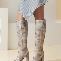 Coffee Brown Knee-High Boots For Women Pointed Toe Chunky Heel Boots -UK Winter Shoes Sales 2023 202012011940516883646