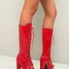 Women Knee-High Boots PU Leather Red Round Toe Bright Leather Chunky Heel Booties -UK Winter Shoes Sales 2023 202012091550541707619