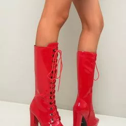 Women Knee-High Boots PU Leather Red Round Toe Bright Leather Chunky Heel Booties