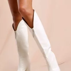 Knee-High Boots PU Leather Black Pointed Toe Chunky Heel 4.1" Woman Knee Length Boots -UK Winter Shoes Sales 2023 202012091551398348733