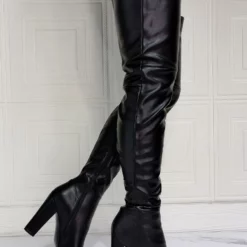 Women Thigh High Boots PU Leather Black Sky High Chunky Heel Over The Knee Boots -UK Winter Shoes Sales 2023 202101111110054816796