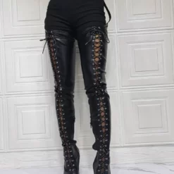 Sexy High Heel Boots Plus Size Pointed Toe Boot Shaft Adjustable Buckle Stiletto Heel Black Thigh High Over The Knee Boots
