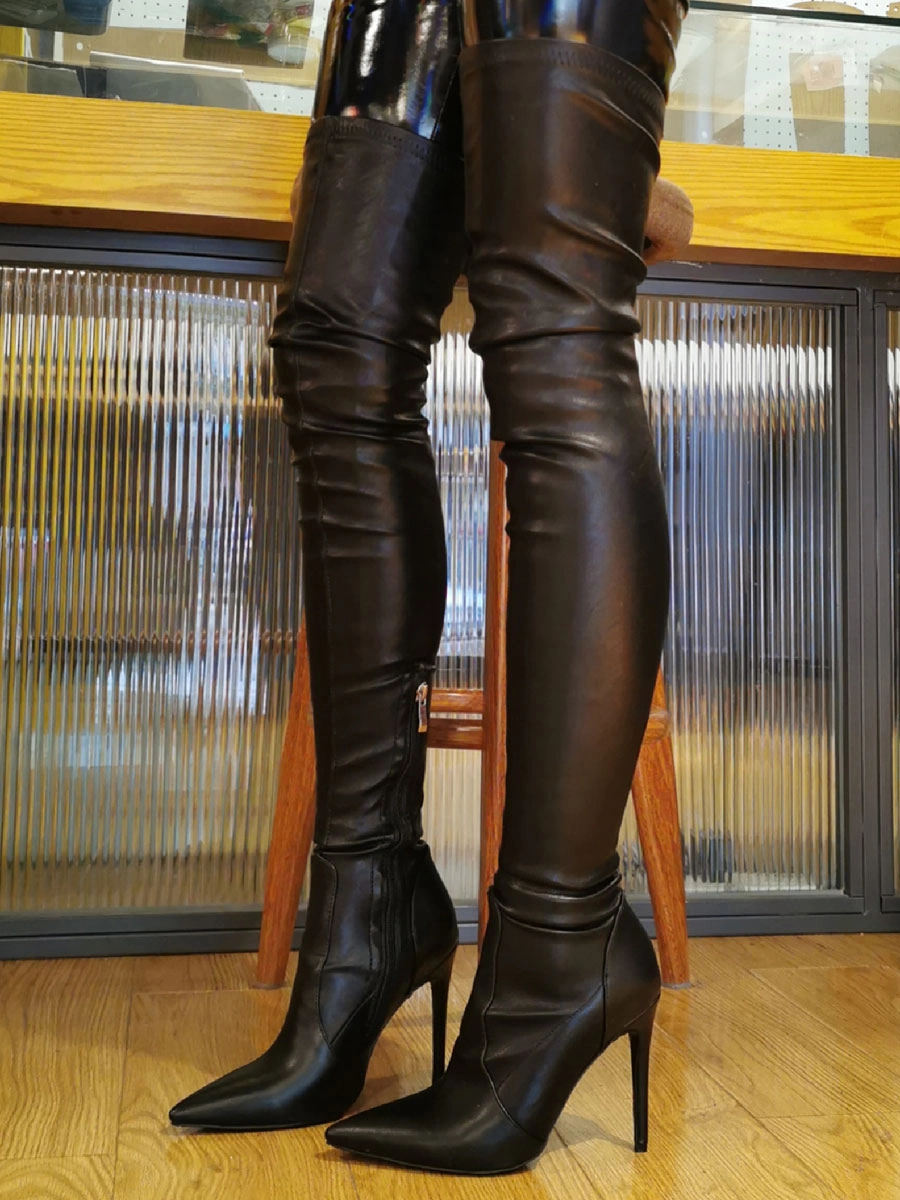 Women Sexy Boots Plus Size Pointed Toe Slip-On Stiletto Heel Black Thigh High Over The Knee Boots 8 Women Sexy Boots Plus Size Pointed Toe Slip-On Stiletto Heel Black Thigh High Over The Knee Boots - Image 6