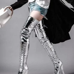 Women Sexy Boots Open Toe Zipper Sequins Stiletto Heel Rave Club Silver Thigh High Boots Over The Knee Boots