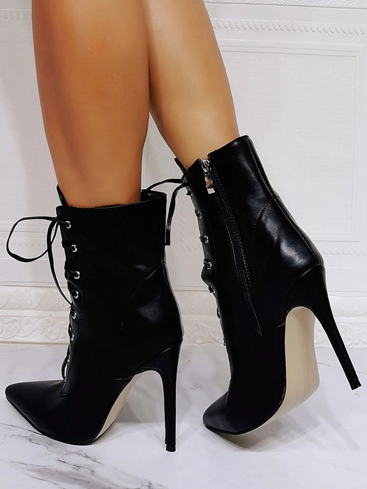 Women Boots Black PU Leather Pointed Toe Stiletto Heel High-Tops Lace Up Booties 9 Women Boots Black PU Leather Pointed Toe Stiletto Heel High-Tops Lace Up Booties - Image 7