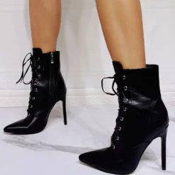 Women Boots Black PU Leather Pointed Toe Stiletto Heel High-Tops Lace Up Booties 14 Women Boots Black PU Leather Pointed Toe Stiletto Heel High-Tops Lace Up Booties -UK Winter Shoes Sales 2023 202106201626428159958