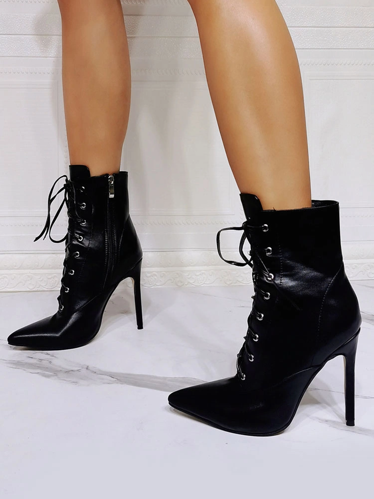 Women Boots Black PU Leather Pointed Toe Stiletto Heel High-Tops Lace Up Booties 8 Women Boots Black PU Leather Pointed Toe Stiletto Heel High-Tops Lace Up Booties - Image 6