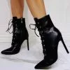 Women Boots Black PU Leather Pointed Toe Stiletto Heel High-Tops Lace Up Booties -UK Winter Shoes Sales 2023 2021062016264313162