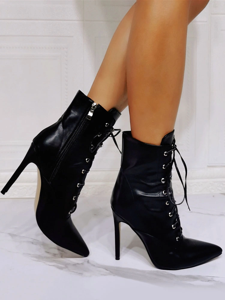 Women Boots Black PU Leather Pointed Toe Stiletto Heel High-Tops Lace Up Booties 6 Women Boots Black PU Leather Pointed Toe Stiletto Heel High-Tops Lace Up Booties - Image 4