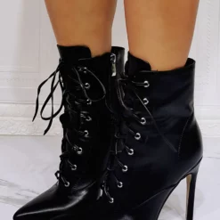 Women Boots Black PU Leather Pointed Toe Stiletto Heel High-Tops Lace Up Booties 11 Women Boots Black PU Leather Pointed Toe Stiletto Heel High-Tops Lace Up Booties -UK Winter Shoes Sales 2023 202106201626437631016
