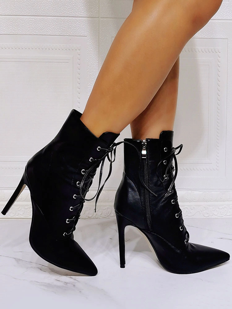 Women Boots Black PU Leather Pointed Toe Stiletto Heel High-Tops Lace Up Booties 7 Women Boots Black PU Leather Pointed Toe Stiletto Heel High-Tops Lace Up Booties - Image 5