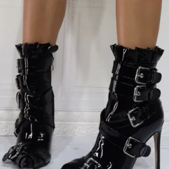 Women Boots Patent PU Upper Black Pointed Toe Stiletto Heel Patent PU High-Tops Booties -UK Winter Shoes Sales 2023 202106201626544741517