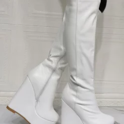 Women Knee High Boots PU Leather White Round Toe Wedge Heel Sexy High Heel Boots -UK Winter Shoes Sales 2023 20210622184746356678
