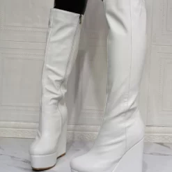 Women Knee High Boots PU Leather White Round Toe Wedge Heel Sexy High Heel Boots -UK Winter Shoes Sales 2023 202106221847466748047