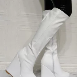 Women Knee High Boots PU Leather White Round Toe Wedge Heel Sexy High Heel Boots -UK Winter Shoes Sales 2023 202106221847469763996