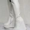 Women Knee High Boots PU Leather White Round Toe Wedge Heel Sexy High Heel Boots -UK Winter Shoes Sales 2023 202106221847472811190