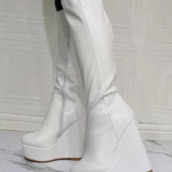 Women Knee High Boots PU Leather White Round Toe Wedge Heel Sexy High Heel Boots