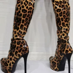 Knee High Boots Patent PU Upper Leopard Round Toe Stiletto Bright Leather Heel Sexy High Heel Boots -UK Winter Shoes Sales 2023 20210622184750343823