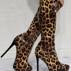 Knee High Boots Patent PU Upper Leopard Round Toe Stiletto Bright Leather Heel Sexy High Heel Boots -UK Winter Shoes Sales 2023 202106221847506724481