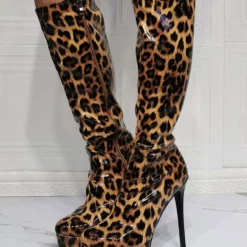 Knee High Boots Patent PU Upper Leopard Round Toe Stiletto Bright Leather Heel Sexy High Heel Boots -UK Winter Shoes Sales 2023 202106221847513376479