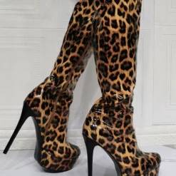 Knee High Boots Patent PU Upper Leopard Round Toe Stiletto Bright Leather Heel Sexy High Heel Boots -UK Winter Shoes Sales 2023 202106221847519954201