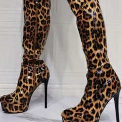 Knee High Boots Patent PU Upper Leopard Round Toe Stiletto Bright Leather Heel Sexy High Heel Boots -UK Winter Shoes Sales 2023 20210622184752345678