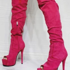 Women Knee High Boots Canvas Rose Round Toe Stiletto Heel Sexy High Boots