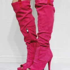 Women Knee High Boots Canvas Rose Round Toe Stiletto Heel Sexy High Boots -UK Winter Shoes Sales 2023 202106221847533144225