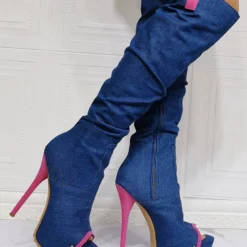 Women Knee High Boots Canvas Rose Round Toe Stiletto Heel Sexy High Boots -UK Winter Shoes Sales 2023 202106221847539504278