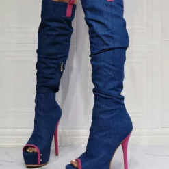 Women Knee High Boots Canvas Rose Round Toe Stiletto Heel Sexy High Boots -UK Winter Shoes Sales 2023 202106221847543608979