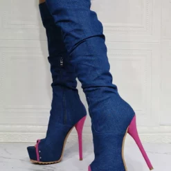 Women Knee High Boots Canvas Rose Round Toe Stiletto Heel Sexy High Boots -UK Winter Shoes Sales 2023 202106221847546806593