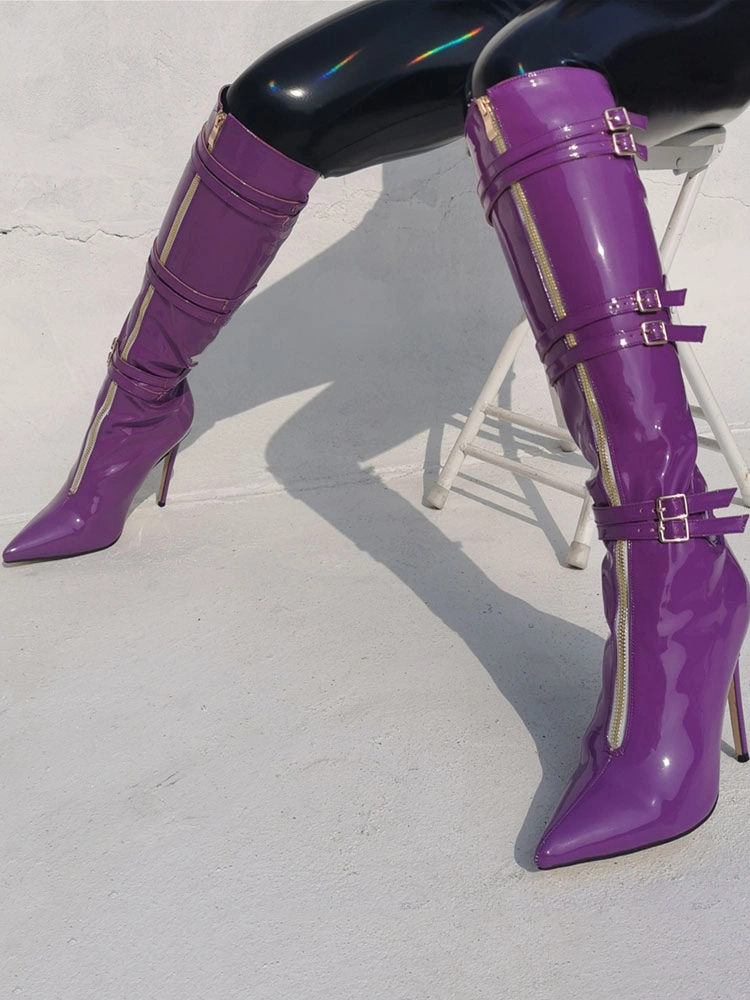 Women Knee High Boots Grape Purple Pointed Toe Bright Leather Stiletto Heel Sexy High Boots 4 Women Knee High Boots Grape Purple Pointed Toe Bright Leather Stiletto Heel Sexy High Boots - Image 2