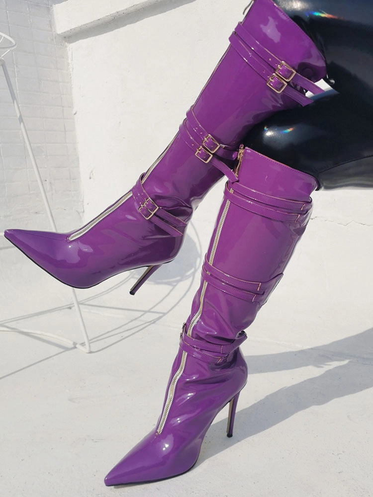 Women Knee High Boots Grape Purple Pointed Toe Bright Leather Stiletto Heel Sexy High Boots 5 Women Knee High Boots Grape Purple Pointed Toe Bright Leather Stiletto Heel Sexy High Boots - Image 3