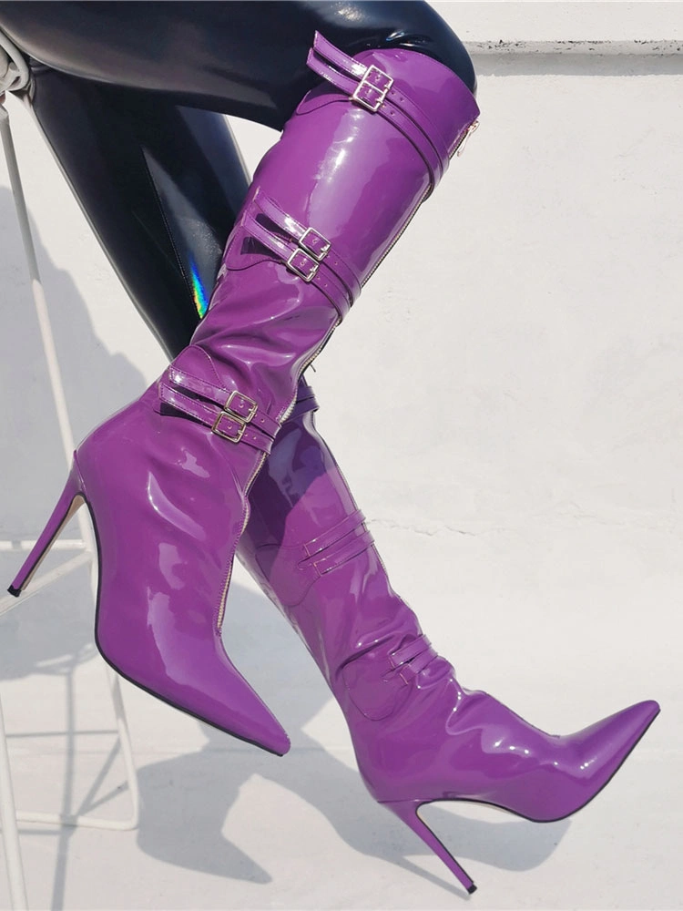 Women Knee High Boots Grape Purple Pointed Toe Bright Leather Stiletto Heel Sexy High Boots 8 Women Knee High Boots Grape Purple Pointed Toe Bright Leather Stiletto Heel Sexy High Boots - Image 6