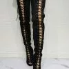 Women's Lace Up Thigh High Heel Boots In Black Suede -UK Winter Shoes Sales 2023 202107211425578344213
