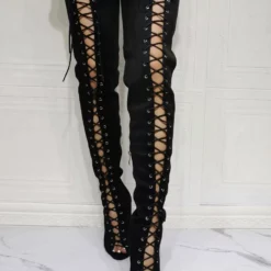 Women's Lace Up Thigh High Heel Boots In Black Suede